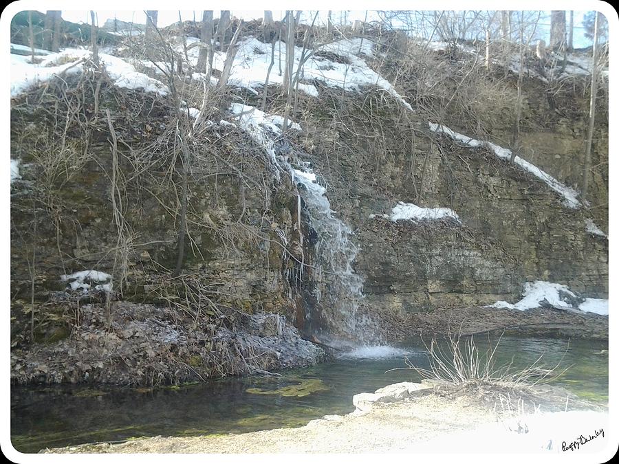 Snowy Waterfall Pond And Rock Wall Paradise Cove Winslow Illinois Photograph By Peggy Beverley