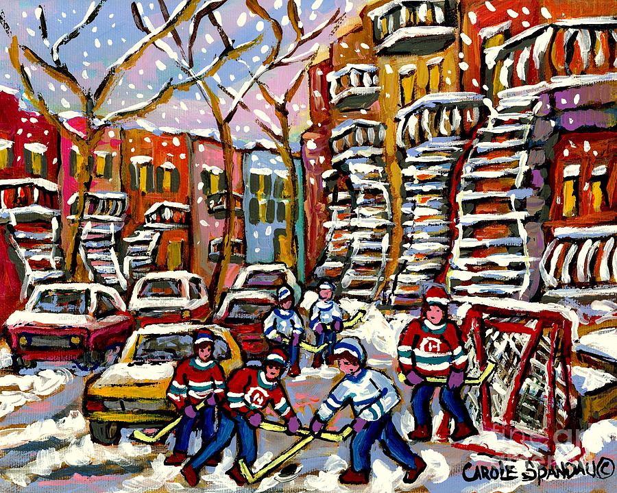 Snowy Winter Day Hockey Fun Near Montreal Winding Staircases Verdun City Scene Painting  Painting by Carole Spandau