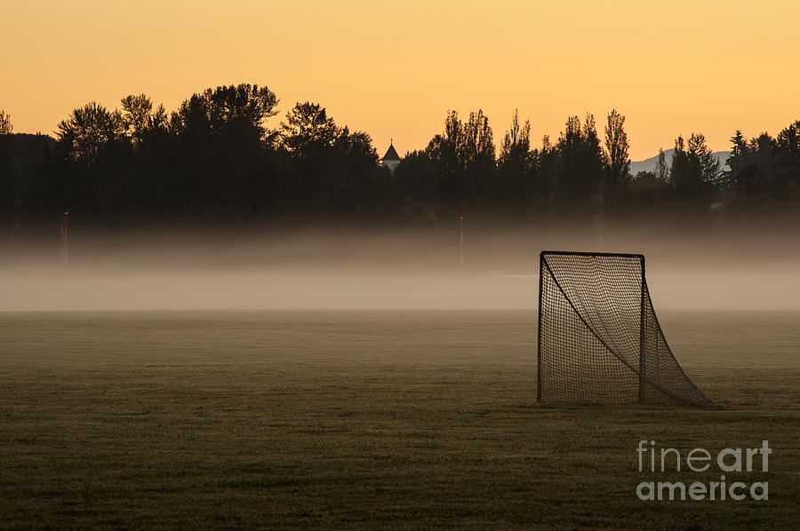 Soccer Field With Nets Sunrise With Mist Photograph