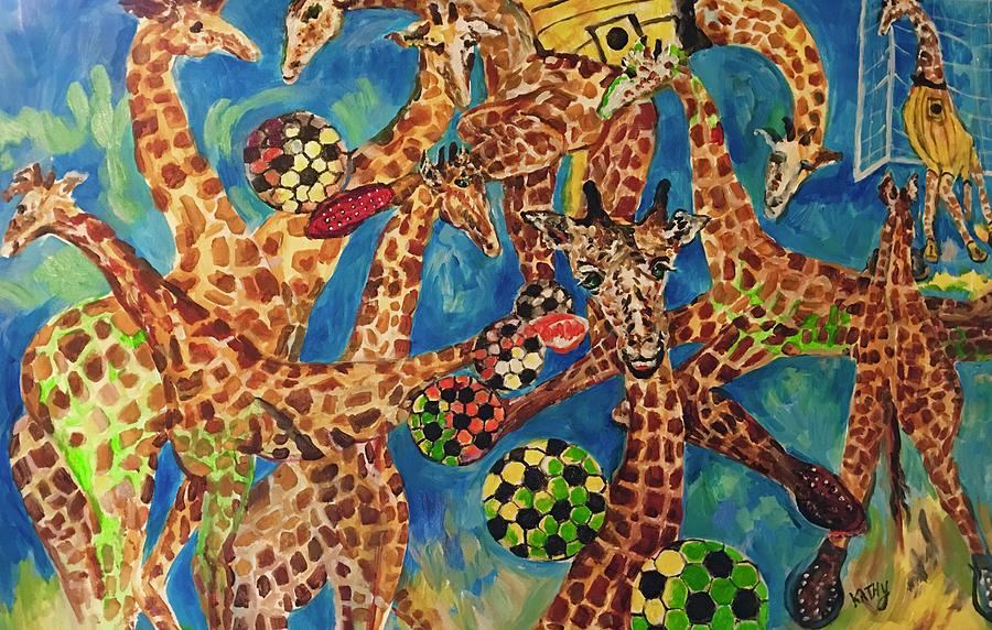Soccer Giraffe Style Painting by Kathy Hauge