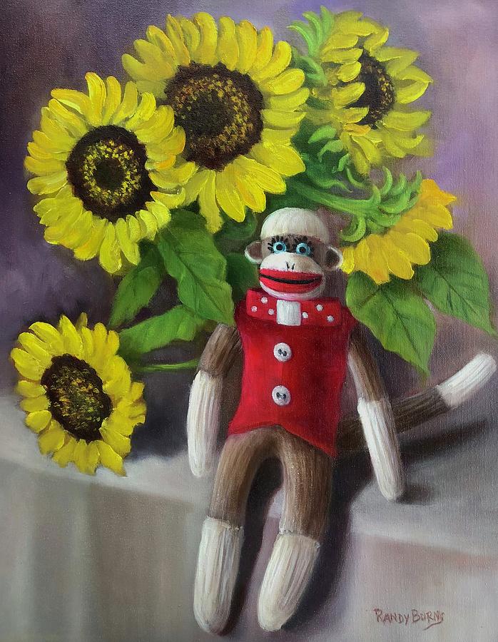 Sock Monkey and Sunflowers Painting by Rand Burns