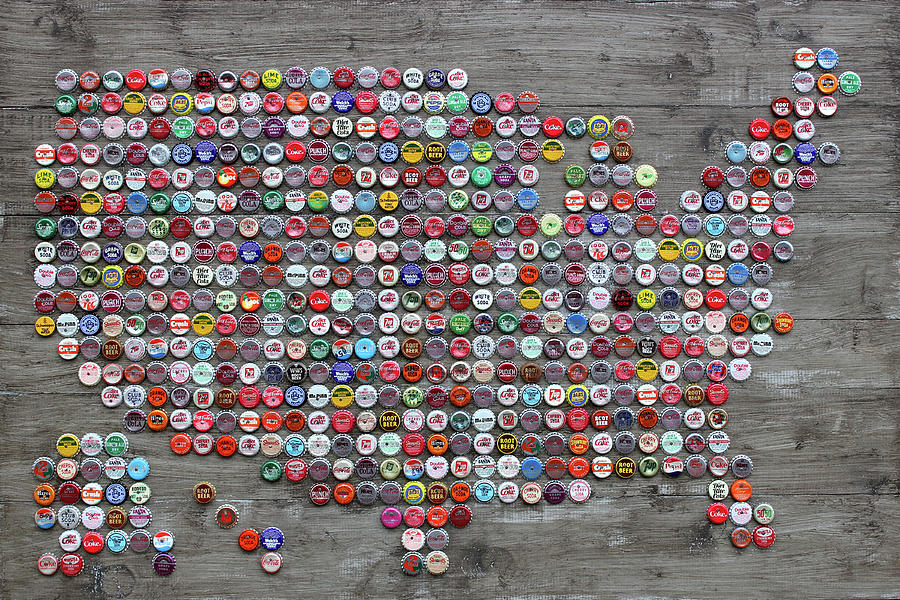 Bottle Mixed Media - Soda Pop Bottle Cap Map of The United States of America by Design Turnpike