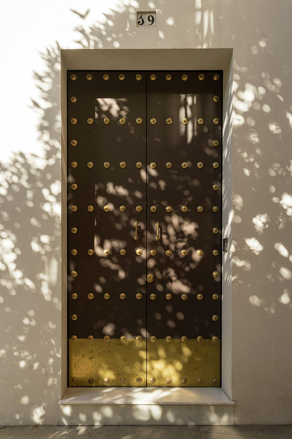 Soft Chocolate Shadows - Vintage Wooden Door Fortified with Brass Studs Photograph by Georgia Mizuleva