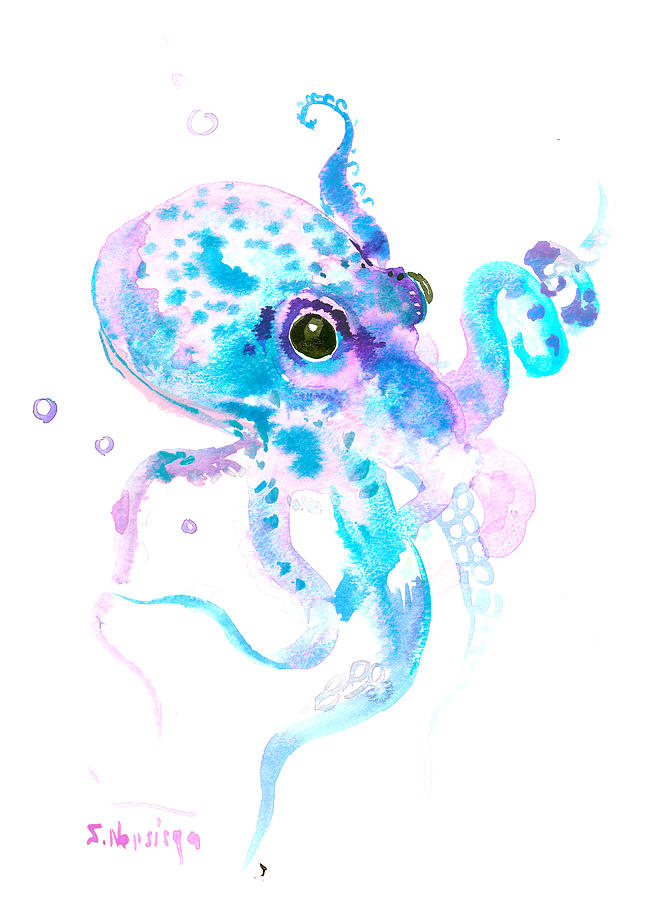 Soft Turquoise Purple Octopus Painting by Suren Nersisyan
