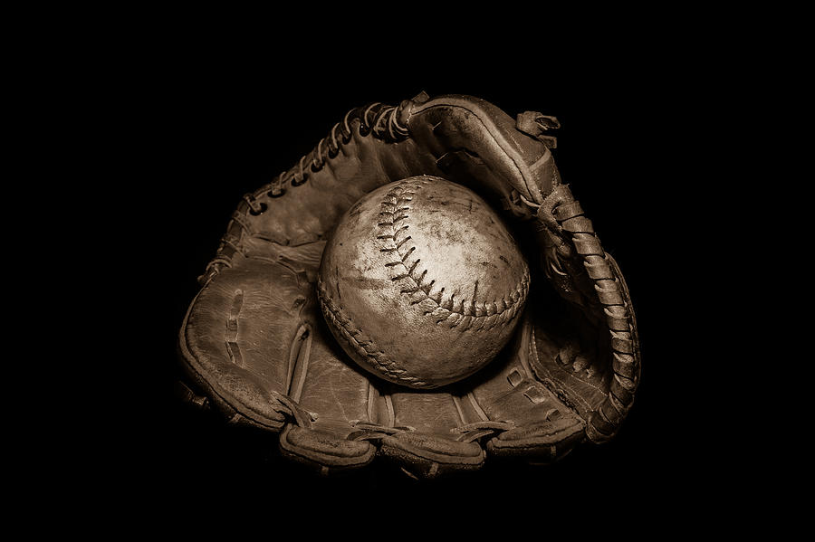 Baseball Photograph - Softball and Glove in Sepia by Erin Cadigan