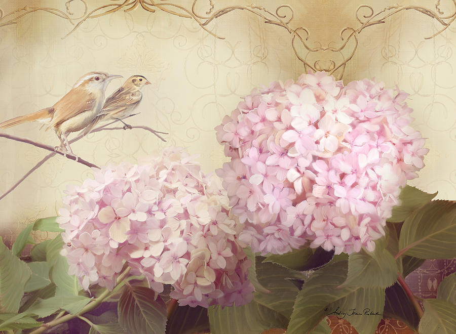 Bird Painting - Softly Summer - Carolina Wrens w Blush Pink Hydrangeas by Audrey Jeanne Roberts
