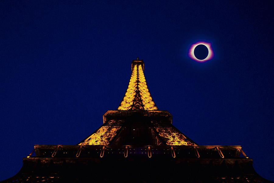 Solar Eclipse over Eiffel Tower in Paris, France 2 Painting by Celestial Images
