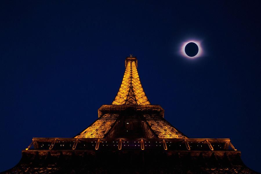 Solar Eclipse over Eiffel Tower in Paris, France Painting by Celestial Images