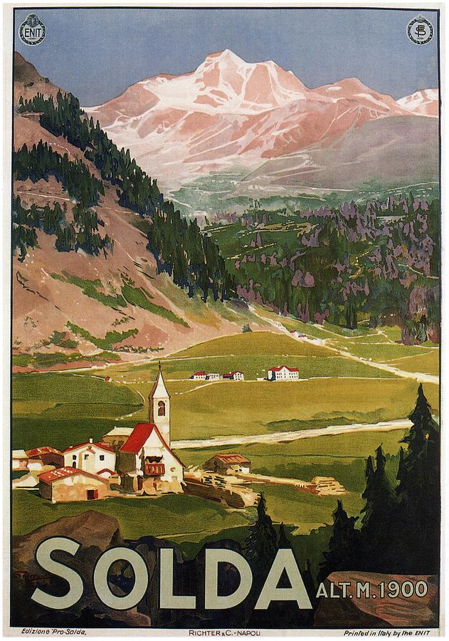 Solda 1900 - Sulden, Italy - View Of Mountains - Retro travel Poster - Vintage Poster Mixed Media by Studio Grafiikka