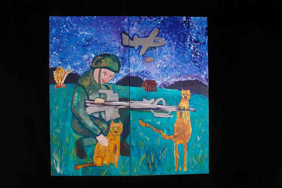 Soldier and Two Cats Painting by AJ Brown