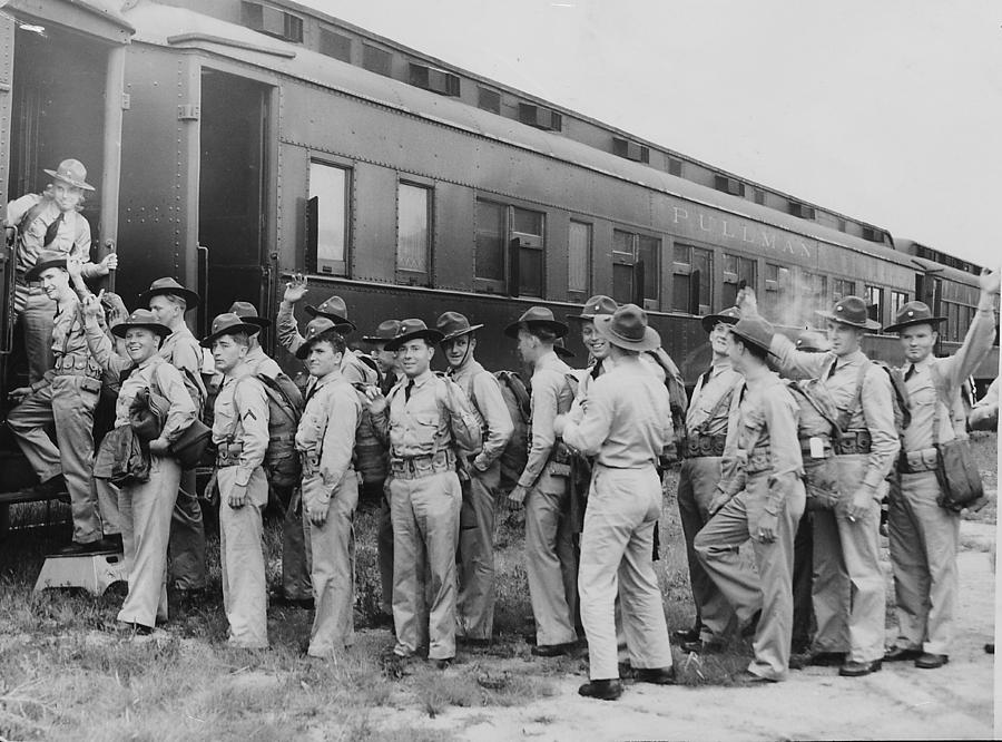 Soldiers Wave Goodbye While Boarding Train Photograph by Chicago and North Western Historical Society