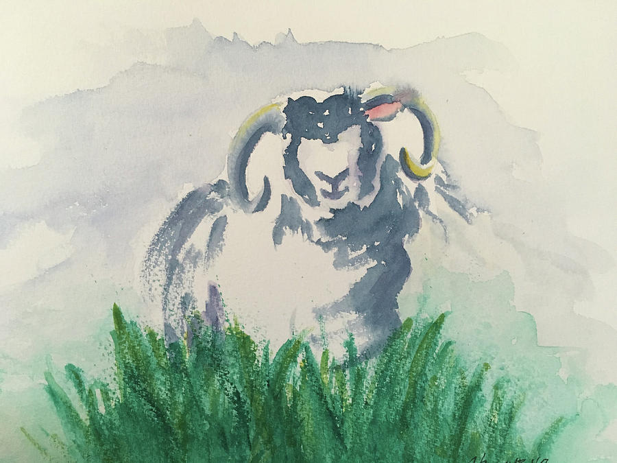 Solitary Smiling Sheep Painting by Christine Marie Rose