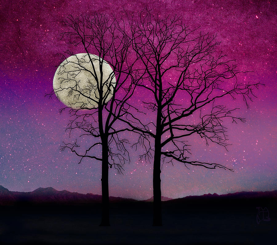 Tree Mixed Media - Solitude II Harvest Moon, pink opal sky stars by Tina Lavoie