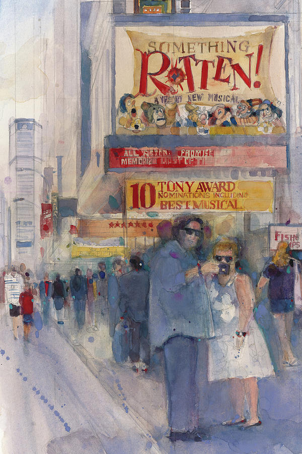 Broadway Painting - Something Rotten - Broadway Musical - Selfie - NYC Theatre District Watercolor  by Dorrie Rifkin