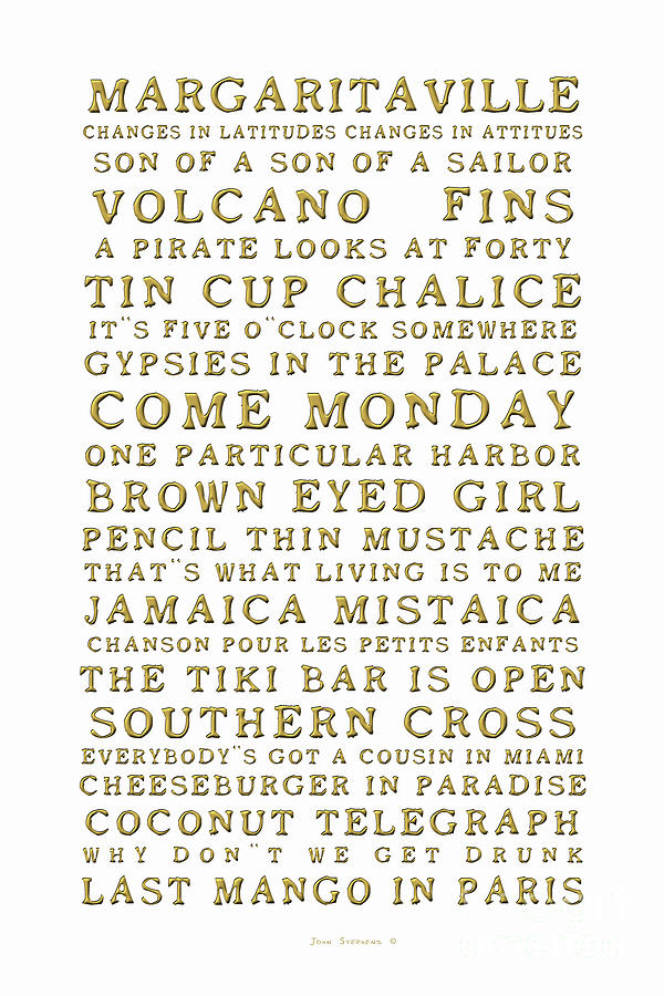 Jimmy Buffett Photograph - Songs You Know By Heart Jimmy Buffett Concert Set List Old Style Embossed Gold Font On White by John Stephens Jimmy Buffett Photograph - Songs You Know By Heart Jimmy Buffett Concert Set List Old Style Embossed Gold Font On White by John Stephens