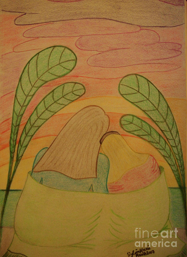 Sunset Drawing - Soothing Sunset - Mother and Daughter Bask in the Moment Leaning Heads Together-Drawing by Sylvie Marie