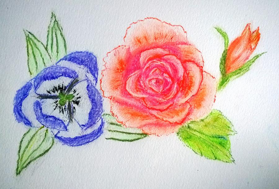 Sorrow Orange Rose with Blue Tulip Drawing by Delynn Addams