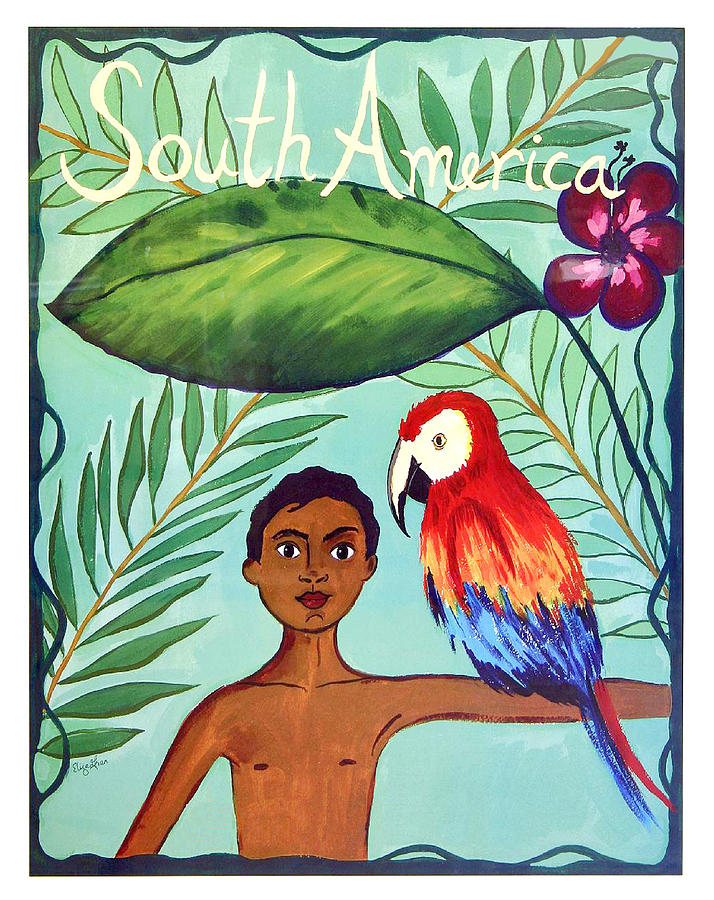 Vintage Painting - South Africa, African boy with exotic parrot by Long Shot