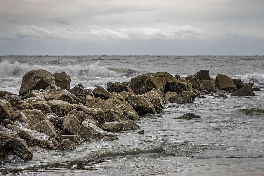 South Carolina - Folly Beach - Crashing Waves on Rocks Photograph by Ron Pate