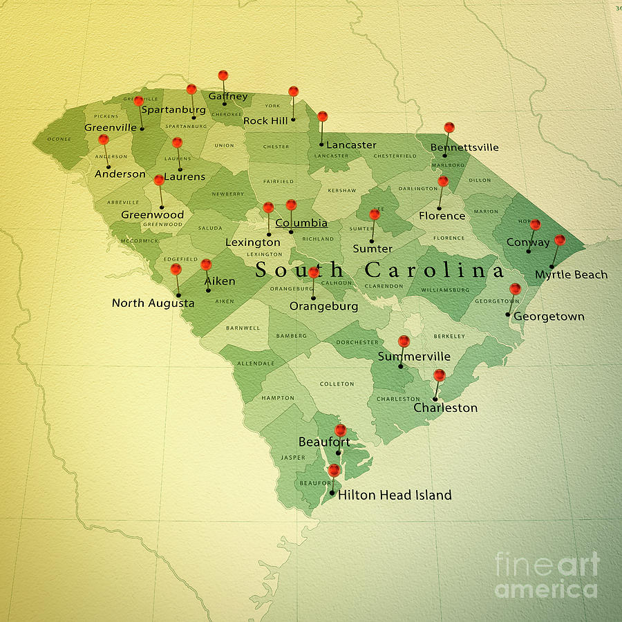 South Carolina Map Square Cities Straight Pin Vintage Digital Art by Frank Ramspott
