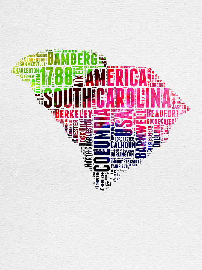 Typography Digital Art - South Carolina Watercolor Word Cloud by Naxart Studio