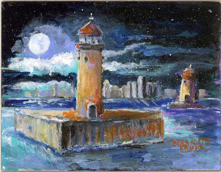 Historical 1859 South Channel Lights Twilight - Detroit Painting by Bernadette Krupa