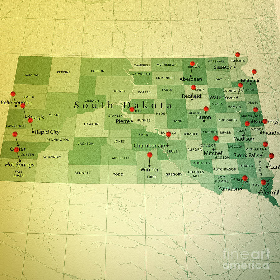 South Dakota Map Square Cities Straight Pin Vintage Digital Art by Frank Ramspott