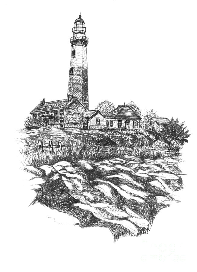 South Fork Lighthouse L I N Y  bw Painting by Carol Wisniewski