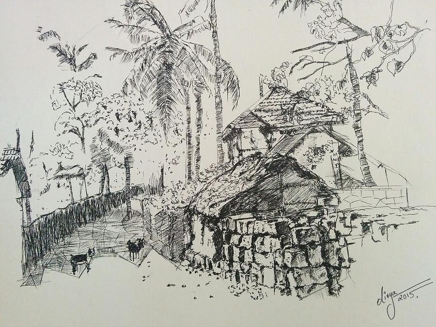 Framed Pencil Sketch Art of village green/houses signed C.Varley | eBay