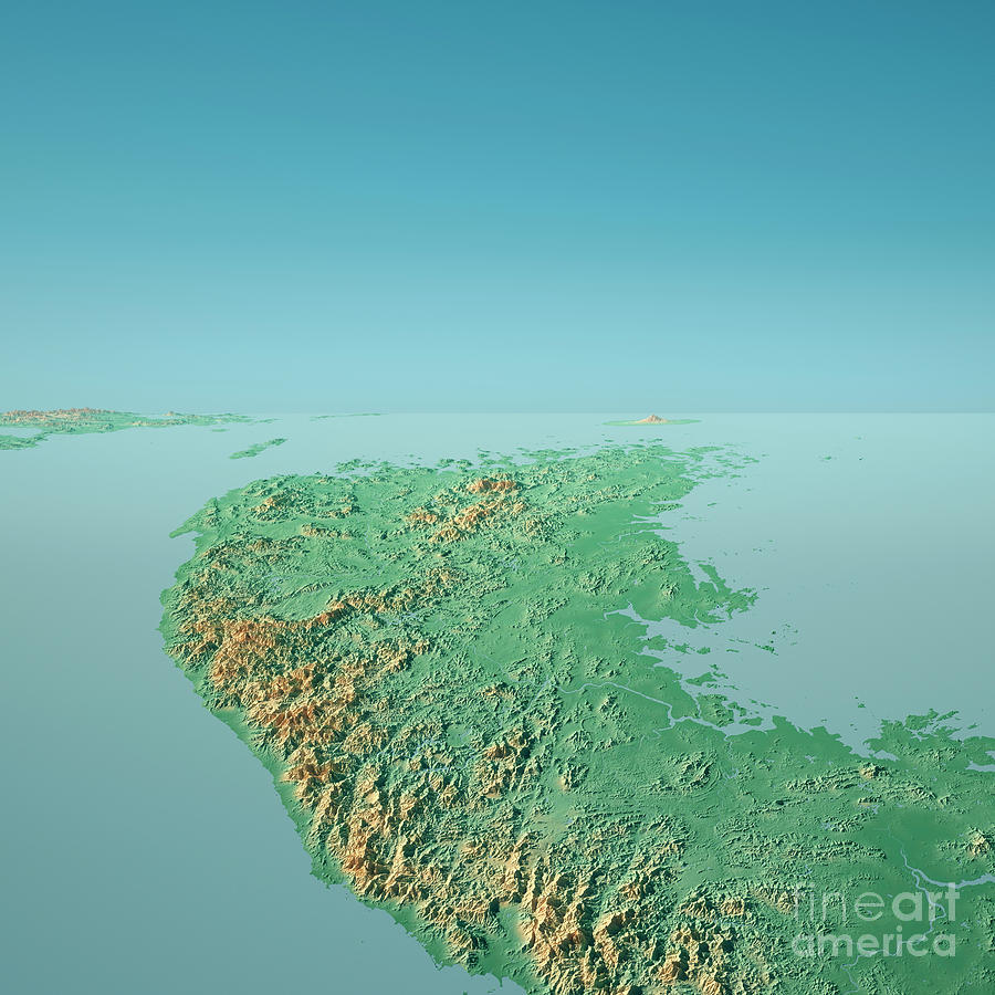 South Korea 3D Render Topographic Landscape View From North Digital Art by Frank Ramspott - Fine 