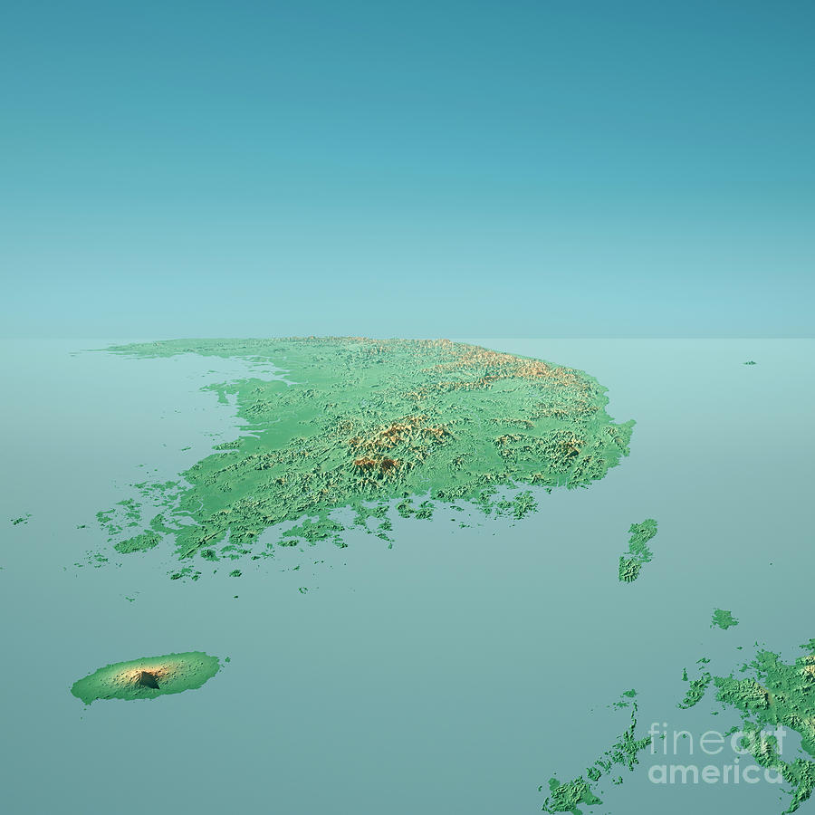 South Korea 3D Render Topographic Landscape View From South Digital Art by Frank Ramspott - Pixels