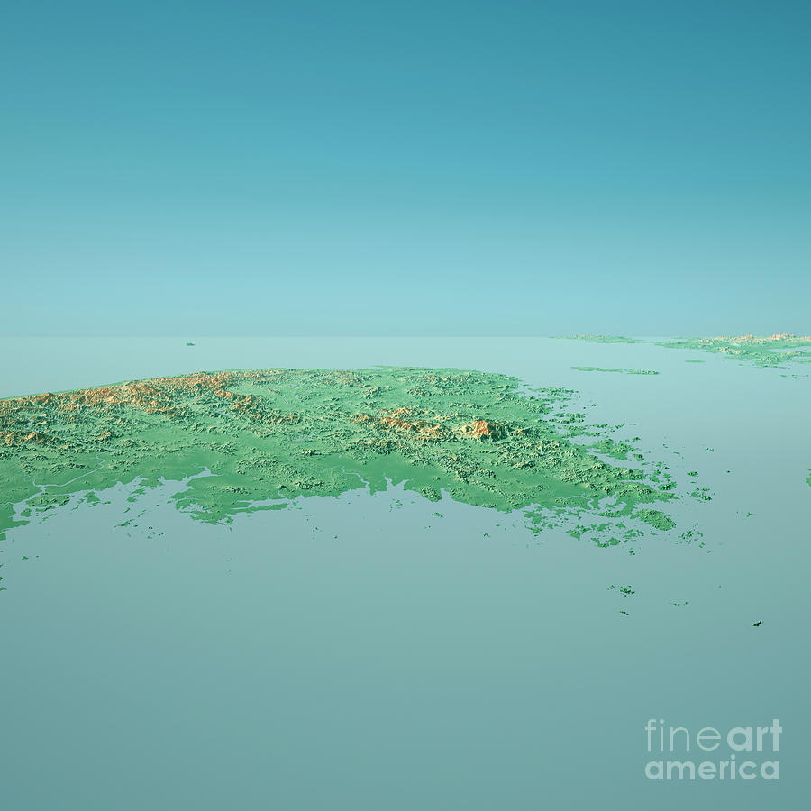 South Korea 3D Render Topographic Landscape View From West Digital Art by Frank Ramspott - Fine 