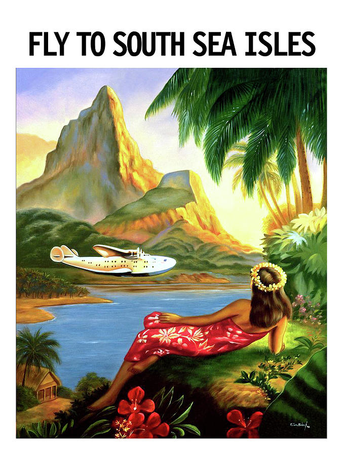 Vintage Painting - South sea isles, tropic coast, airline, vintage travel poster by Long Shot