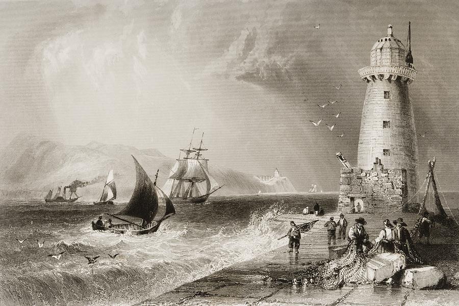 Distance Drawing - South-wall Lighthouse With Howth Hill by Vintage Design Pics