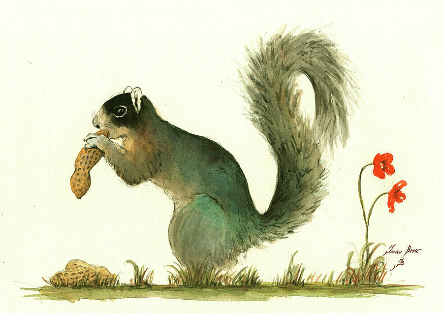 Squirrel Painting - Southern fox squirrel peanut by Juan Bosco