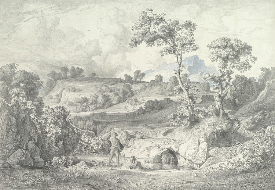 Southern landscape with a man and a snake Drawing by Heinrich Dreber