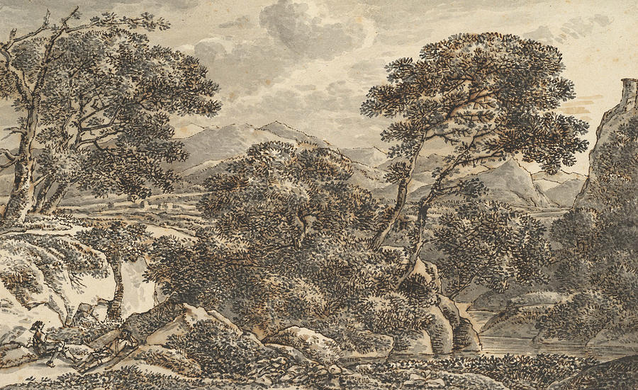 Southern Landscape with Resting Wayfarers at a River Drawing by Ferdinand Kobell