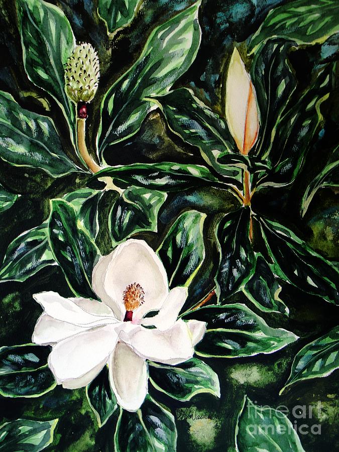 Southern Magnolia Bud and Bloom Painting by Pat Davidson