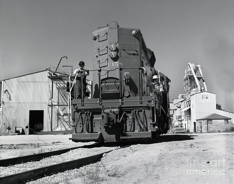 Summer Photograph - Southern Pacific GP9E locomotive  at the  Del Monte Sand Plant at Spanish Bay 1972 by Monterey County Historical Society