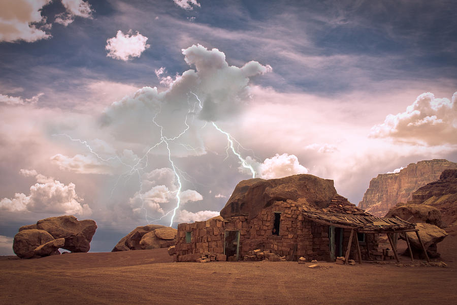 Southwest Navajo Rock House and Lightning Strikes Photograph by James BO Insogna