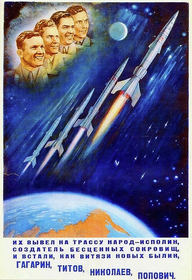 Looking Painting - Soviet Cosmonauts looking at the flying rockets, Soviet propaganda poster by Long Shot