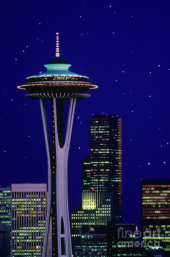 Retro Image of Space Needle and Star Lights #1 Photograph by Jim Corwin