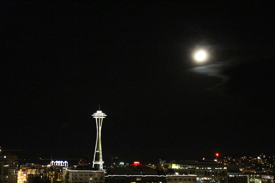 Space Needle and the Full Moon Photograph by Suzanne Lorenz