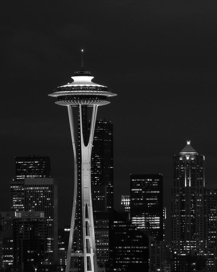 Space Needle at Night in Black and White Photograph by Mark J Seefeldt