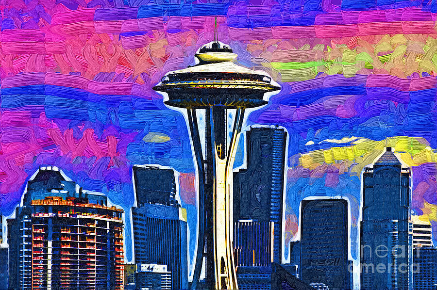 Space Needle Colorful Sky Digital Art by Kirt Tisdale