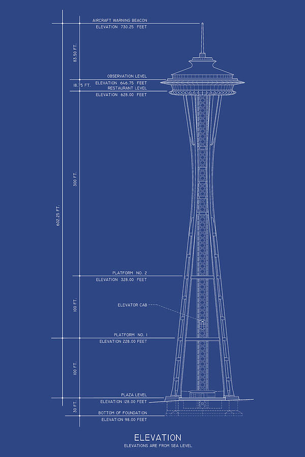 Space Needle - Elevation - Seattle, WA - circa 1961 Drawing by Wall