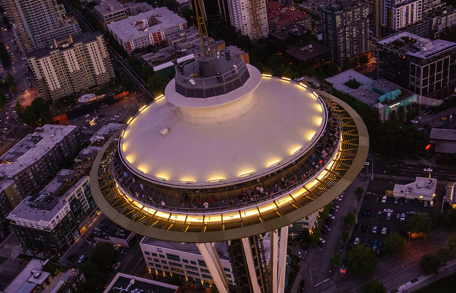 Space Needle Flyover Dusk Photograph by Mike Reid