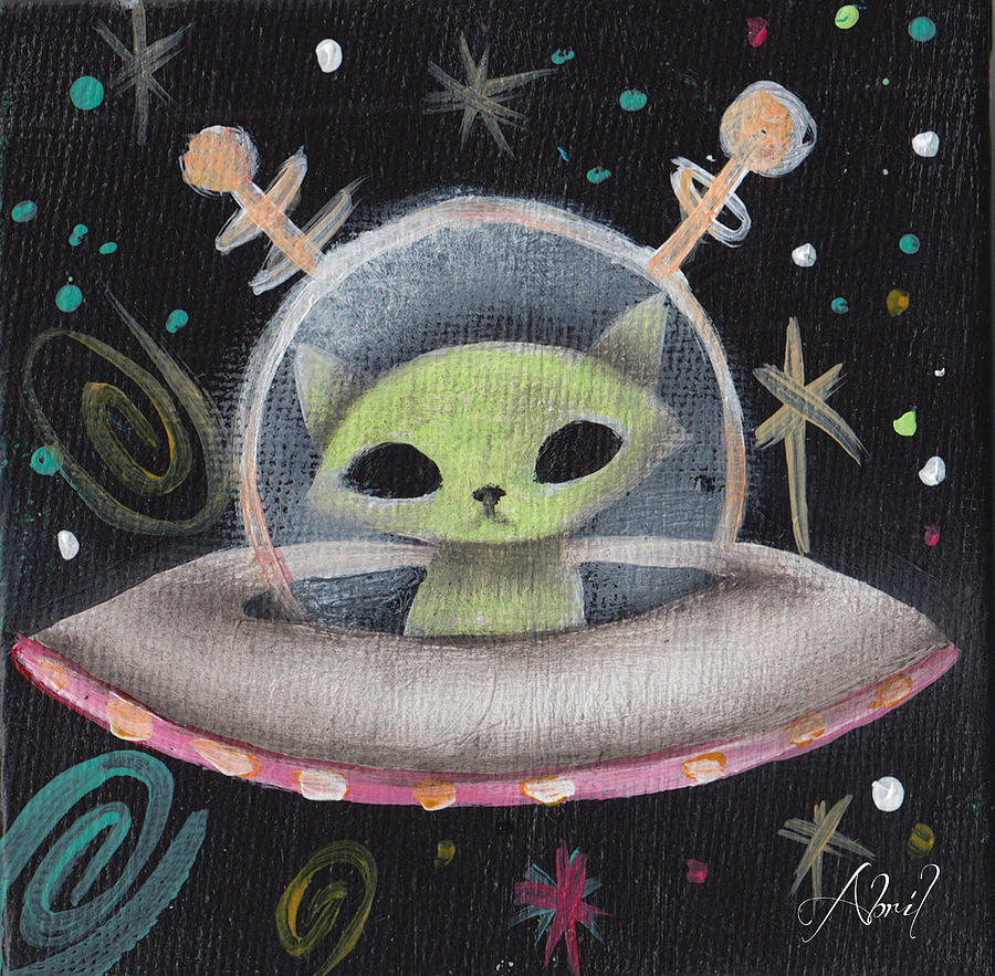 Space Ship Green Cat  Painting by Abril Andrade