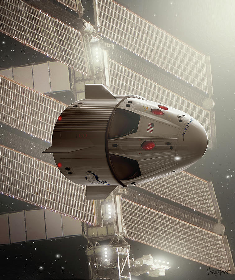 Science Fiction Digital Art - Space-X Crew Dragon at ISS - vertical by James Vaughan