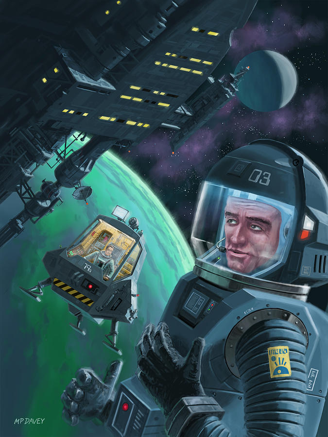 Spaceman with Space Station orbiting Green Planet Digital Art by Martin Davey